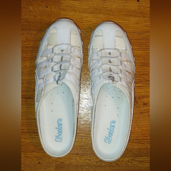 EUC Sketchers White Multi-Color Striped Sneakers Slides Size 10 - Picture 1 of 5